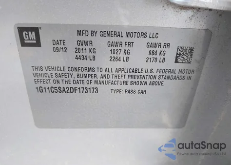 2013 Chevrolet Malibu 1Lt from USA, damaged, VIN 1G11C5SA2DF173173
